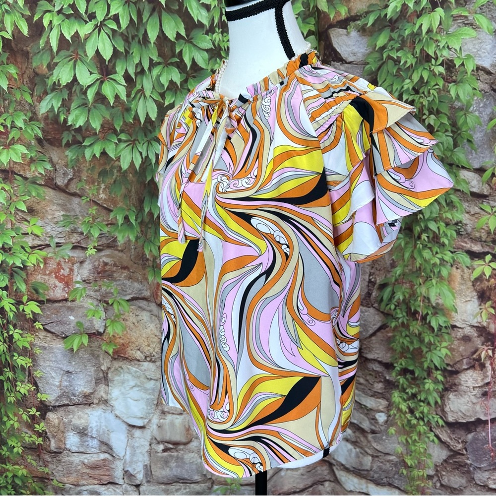 BEFORE YOU WITH LOVE Retro 60s Pattern Multicolor Ruffle Sleeve Blouse, S - Picture 5 of 10